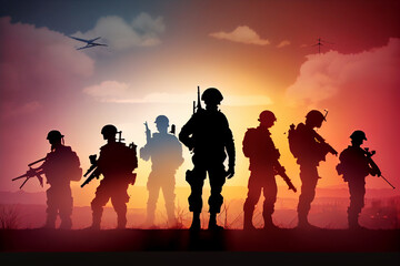 Obraz na płótnie Canvas Six military silhouettes on sunset sky background Generative AI