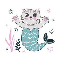 A cute funny cat with a mermaid tail and stars
