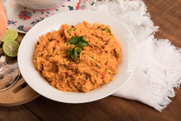 Arroz con mariscos Sea food risotto ceviche Assorted food plates Peru traditional comfort food buffet table