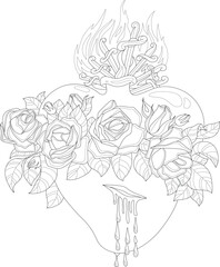 Heart with reses and flames graphic sketch template. Cartoon religion vector illustration in black and white for game, background, pattern, decor. Childrens story book, fairytail, coloring paper, page