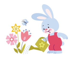 Cute cartoon bunny watering flowers. Isolated illustration in flat style. 