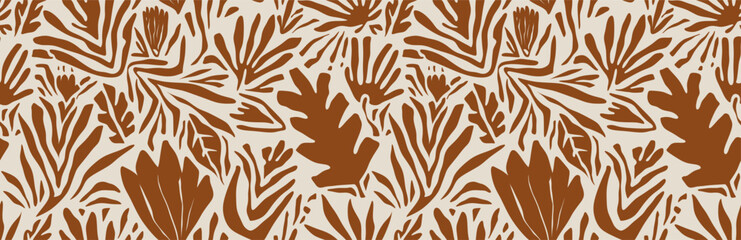 Hand drawn minimal abstract organic shapes seamless pattern, leaves and flowers.