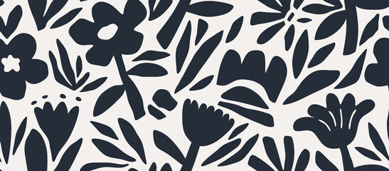 Hand drawn minimal abstract organic shapes seamless pattern, leaves and flowers.