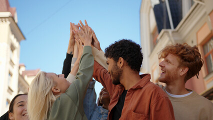 Peaceful protesters give five each other. Social justice and peaceful protesting racial injustice