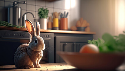 Cute baby bunny relaxon the table in cozy kitchen