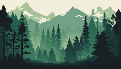 Forest - Minimalistic flat design landscape illustration. Image for a wallpaper, background, postcard or poster. Generative AI