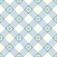 Spring vector pattern with small daisy flowers in blue, yellow, off white. Seamless geometric floral gingham vichy tartan check plaid for dress, scarf, skirt, picnic tablecloth, other fabric design.