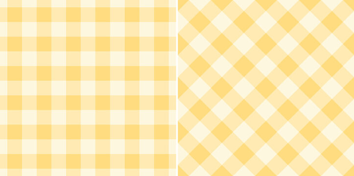 Gingham check plaid pattern in soft yellow for tablecloth, gift paper, napkin, blanket, scarf. Seamless light monochrome small vichy tartan check vector for modern spring summer fashion textile print.
