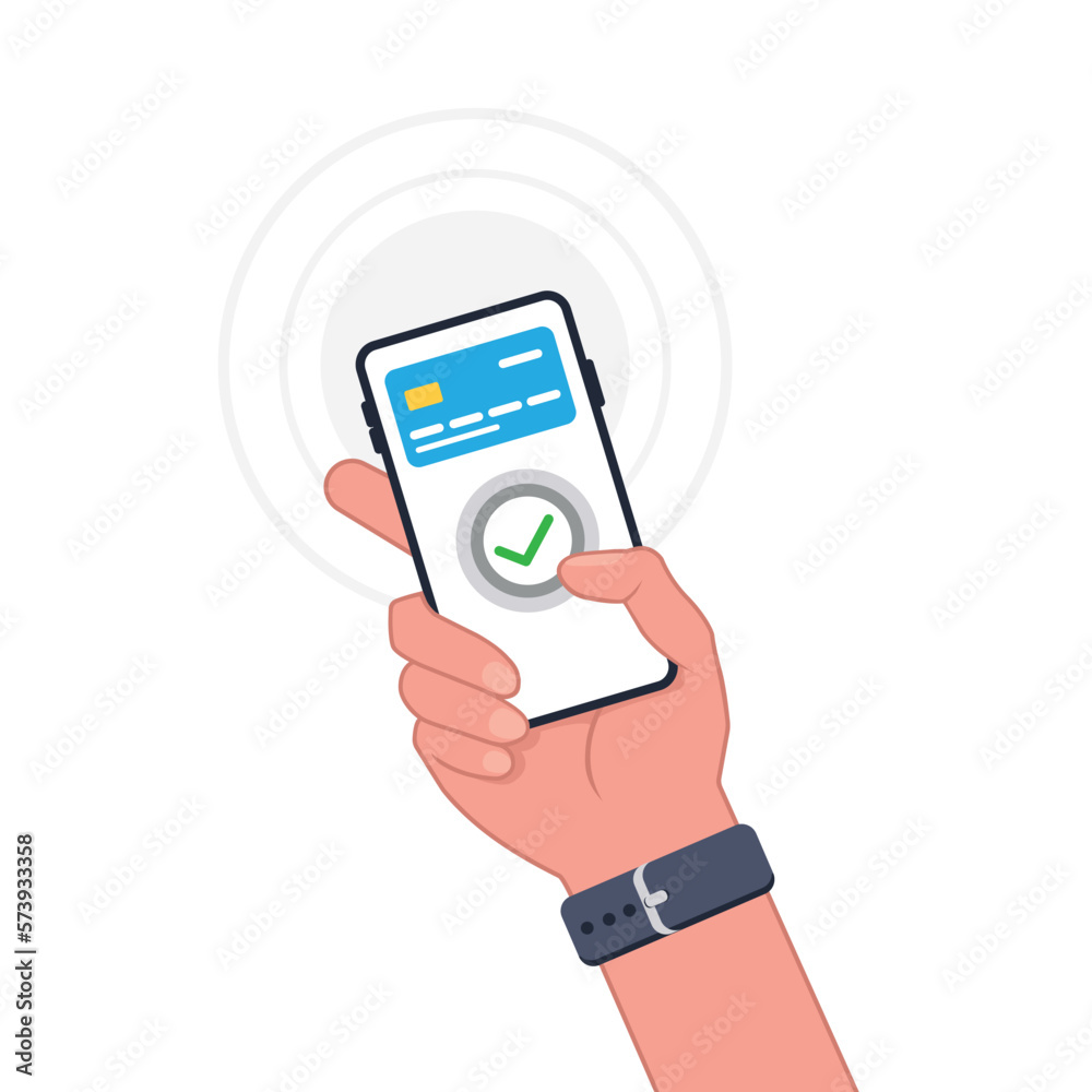 Poster Hand holding smartphone with online payment system in a flat design. Vector illustration.