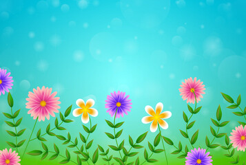 spring flowers background and blue sky with copy space