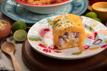 Causa de pescado Sea food ceviche Assorted food plates Peru traditional comfort food buffet table