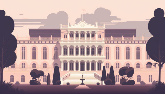 Palace - Minimalistic flat design landscape illustration. Image for a wallpaper, background, postcard or poster. Generative AI