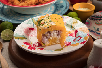 Causa de pescado Sea food ceviche Assorted food plates Peru traditional comfort food buffet table