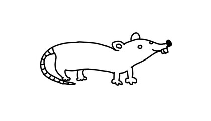 Funny cute rat, mouse in cartoon outline doodle style. Vector illustration isolated on white background.
