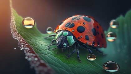 Close up of a ladybug on green leaf. Generative Ai.
