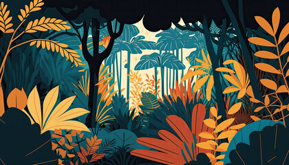 Fototapeta na wymiar Jungle - Minimalistic flat design landscape illustration. Image for a wallpaper, background, postcard or poster. Generative AI