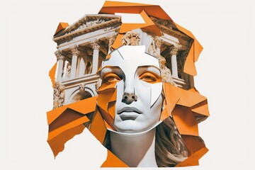 illustration numérique, visage de statue de femme et monument ancien romain, concept artistique - obrazy, fototapety, plakaty