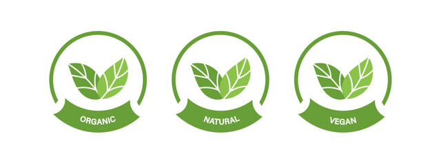 Organic, Natural, Vegan logo or label. Green leaf on white background. Vector illustration