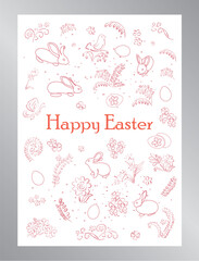 rabbits and decorative eggs and flora for holiday - white vector greeting card Happy Easter