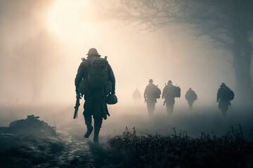 Obraz na płótnie Canvas Soldiers on the battlefield mist and fog in ukraine. generative ai illustration