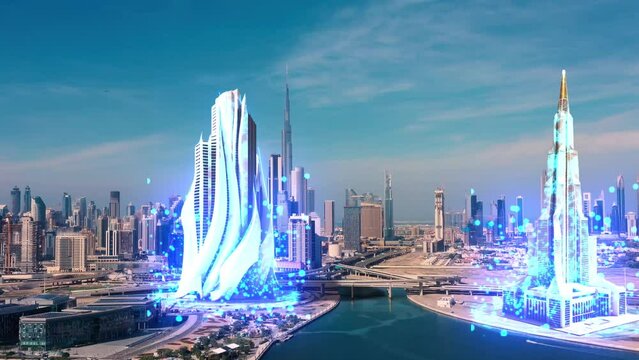 AERIAL. Dubai city in future. Real Estate Project Construction Site Industrial Building Development by Using 3D VFX Graphics. Futuristic Concept of Buildings Development