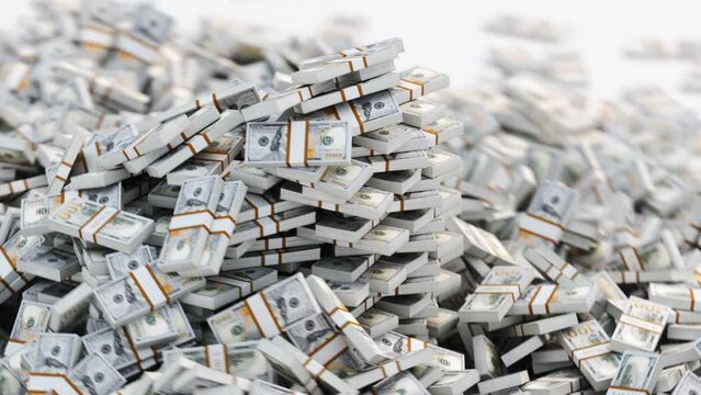 Stacks of money in big pile on white Background. Stack Of Dollar Bills. Professional Full HD 3d rendering animation
