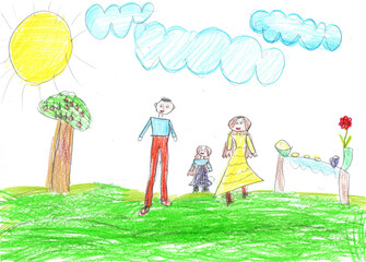 Child drawing of a happy family. Pencil art in childish style