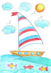Sailing sailboat on the waves in the sea. Pencil art in childish style
