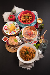 Sea food ceviche Assorted food plates Peru traditional comfort food buffet table