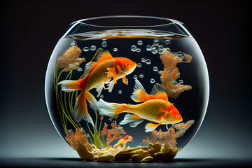 Naklejka na ściany i meble Beautiful fish in round glass aquarium. Fish Swimming In Fishbowl. Generative AI.