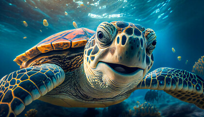 Joyful smiling sea turtle swimming underwater. Generative AI