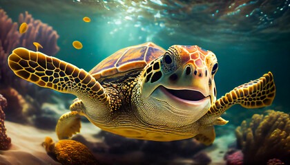 Joyful smiling sea turtle swimming underwater. Generative AI
