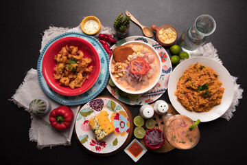 Fototapeta na wymiar Sea food ceviche Assorted food plates Peru traditional comfort food buffet table