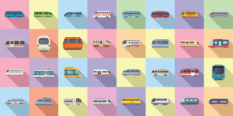 High-speed transportation icons set flat vector. Speed train. Business ecology