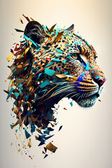 Illustration of a leopard with metal shards flying away - Generative AI