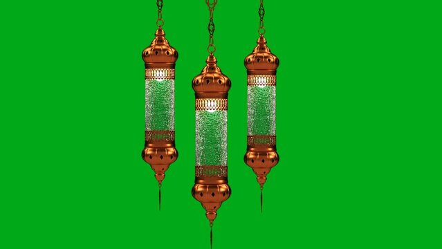 Eid Lantern or Kandela 3d model rotating isolated on green screen, eid mubarak full moon and eid or Ramadan Kareem background, eid mubarak background with moon and lantern