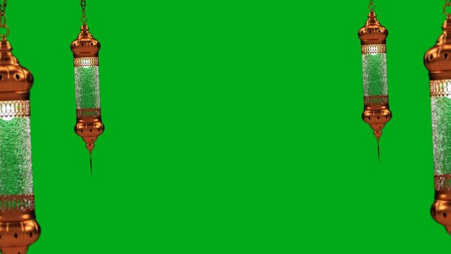 Eid Lantern or Kandela 3d model rotating isolated on green screen, eid mubarak full moon and eid or Ramadan Kareem background, eid mubarak background with moon and lantern