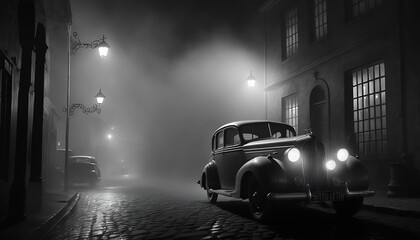 Monochrome film detective illustration with vintage cars, black and white noir detective