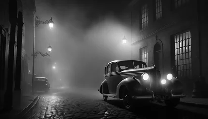 Foto op Plexiglas Monochrome film detective illustration with vintage cars, black and white noir detective © Pippa