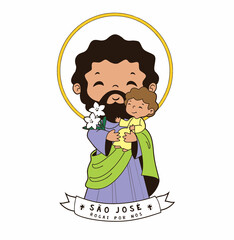 St. Joseph, São José, San Jose and Jesus - cartoon illustration