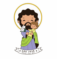 St. Joseph, S&atilde;o Jos&eacute;, San Jose and Jesus - cartoon illustration