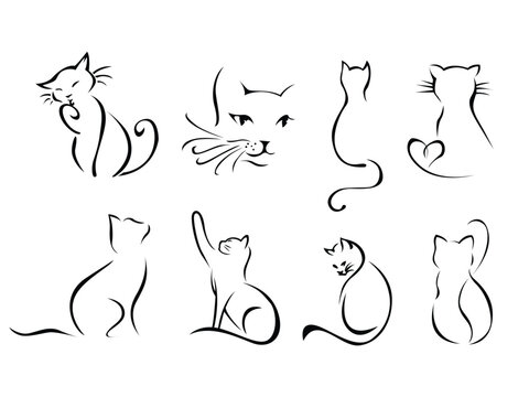 Cat Drawing Silhouette Set. Cats Line Art Hand Drawn Style, Kitten Outline Vector illustration. Isolated On White Background.
