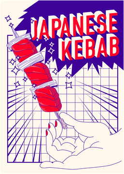 Vector illustration. japanese kebab in hand. Asian cuisine wallpaper for menu, packaging, cafe, restaurant.