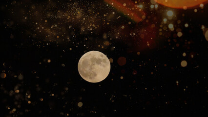 full moon view on a black background with light sparkles and color spots. fantastic scientific background
