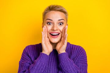 Close up photo of astonished overjoyed lady announce cool proposition discount low prices shop isolated on yellow color background