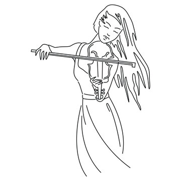 The girl plays the violin standing. Drawing with a simple black line, in the form of an outline. Vector illustration