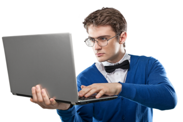 A young man in eyeglass man with laptop