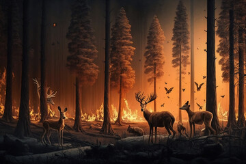 Forest on fire, animals fleeing, destruction of fauna and flora