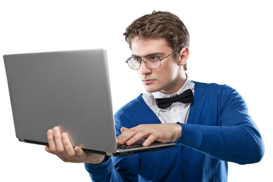 A young man in eyeglass man with laptop