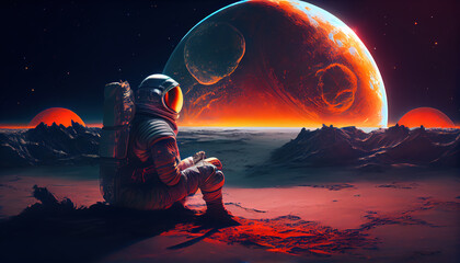 Astronaut sitting on foreign planet in front of the solar system. Science fiction universe exploration, Generative AI illustration